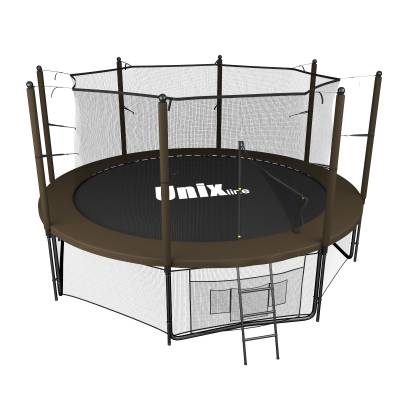 Батут Unix Line 10 ft Inside (3,05 м) Black&amp;Brown с сеткой и лестницей Батут Unix Line 10 ft INside (3,05 м) Black&amp;Brown - универсальный батут для детей и взрослых.
Тип крепления сетки: внутренний.
Максимальная нагрузка: 150 кг.
Высота батута: 241 см.
Диаметр батута: 3,05 м.
Высота защитной сети: 165 см.
Система крепления защитной сети: STRONG FIX&trade;.
Пружины: 54 шт.
